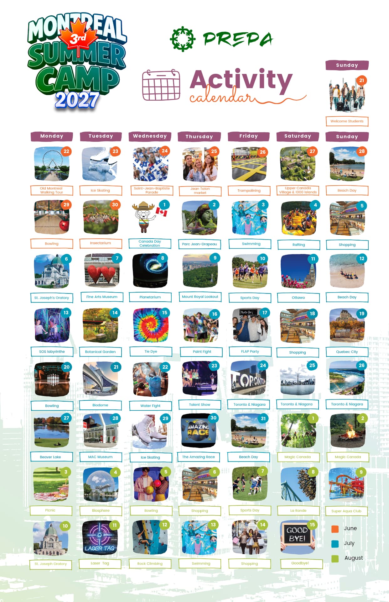 Calendario de actividades del Montreal Summer Camp 2027